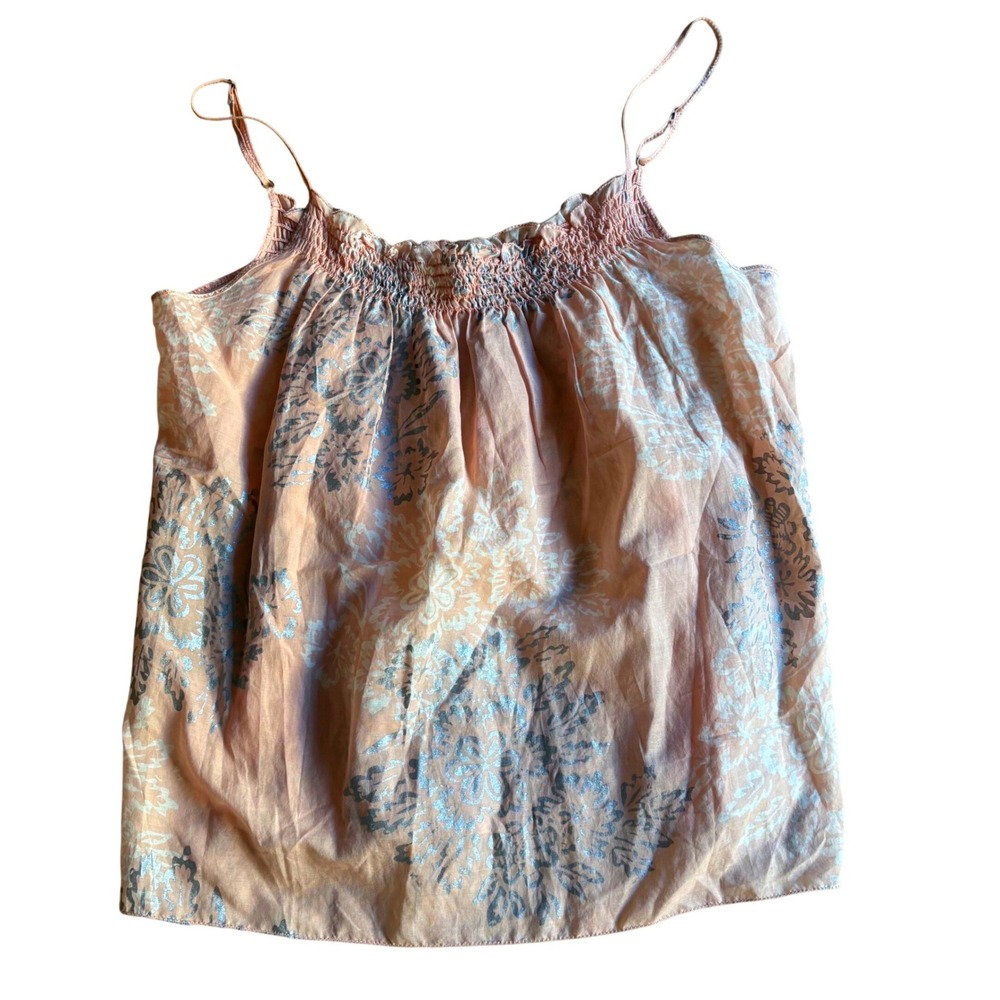 Joie Silk Blend Floral‎ Medallion Smocked Camisole Top Peachy Pink & Silver Sz S
